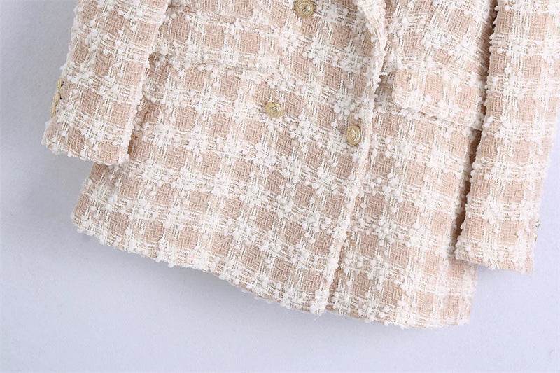 Elegant Luxury Lapel Long Sleeved Double Breasted Check tweed Blazer Women