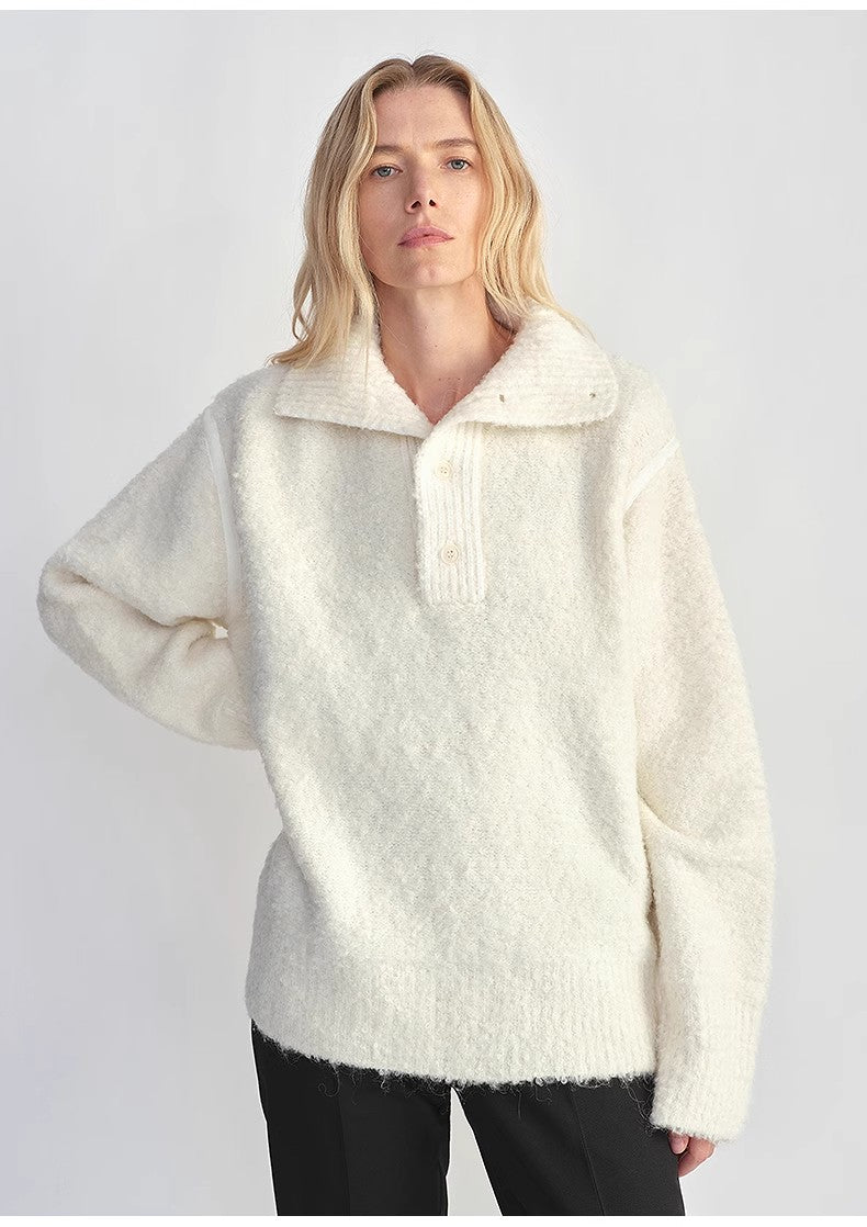 Alpaca wool blended bouclé yarn Spliced POLO shirt Lazy and relaxed sweater-4