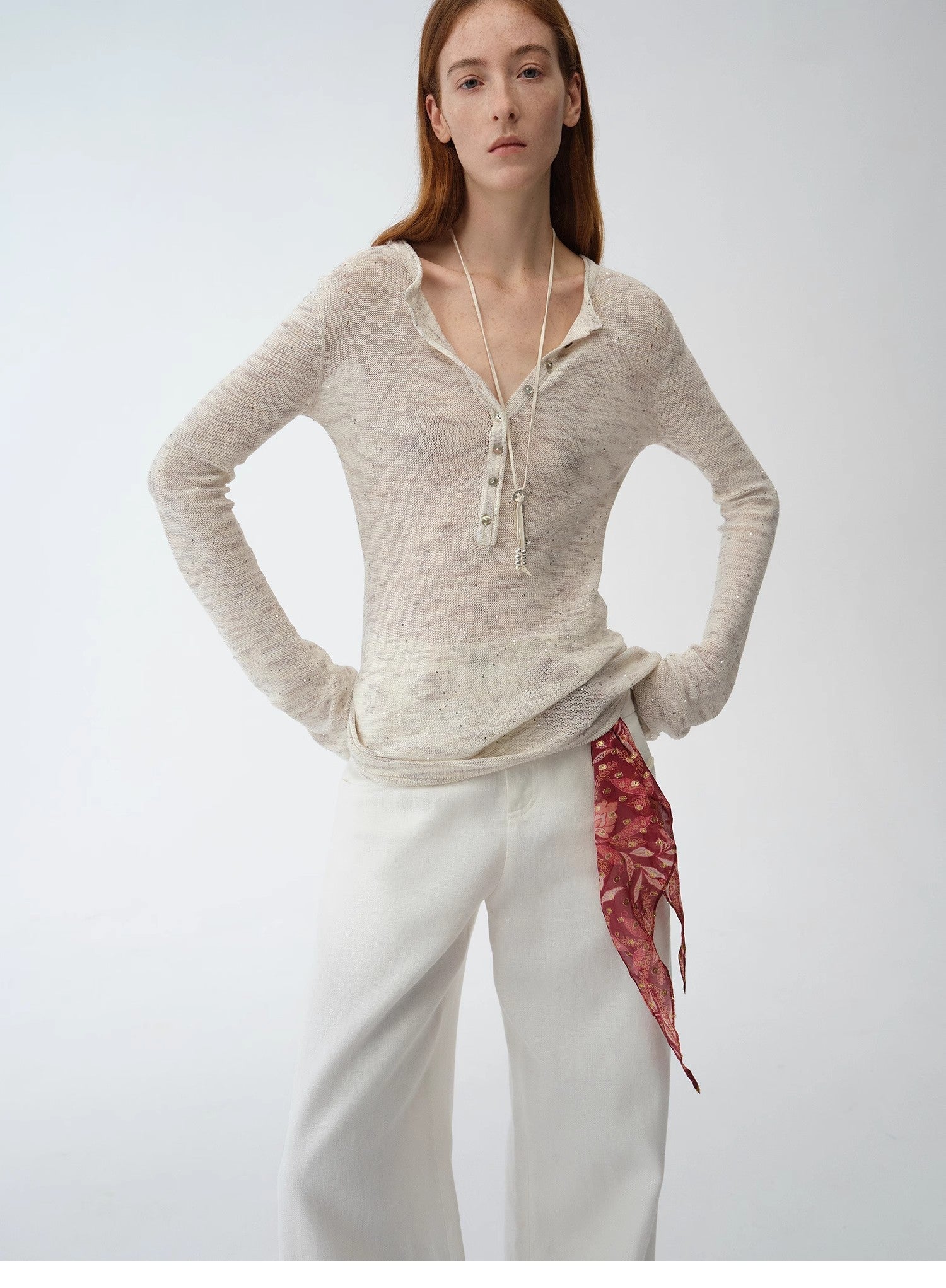 Fashionable cotton and linen beaded fancy yarn waisted bell sleeves round neck cardigan knitted top"Perry Moonlight"-1