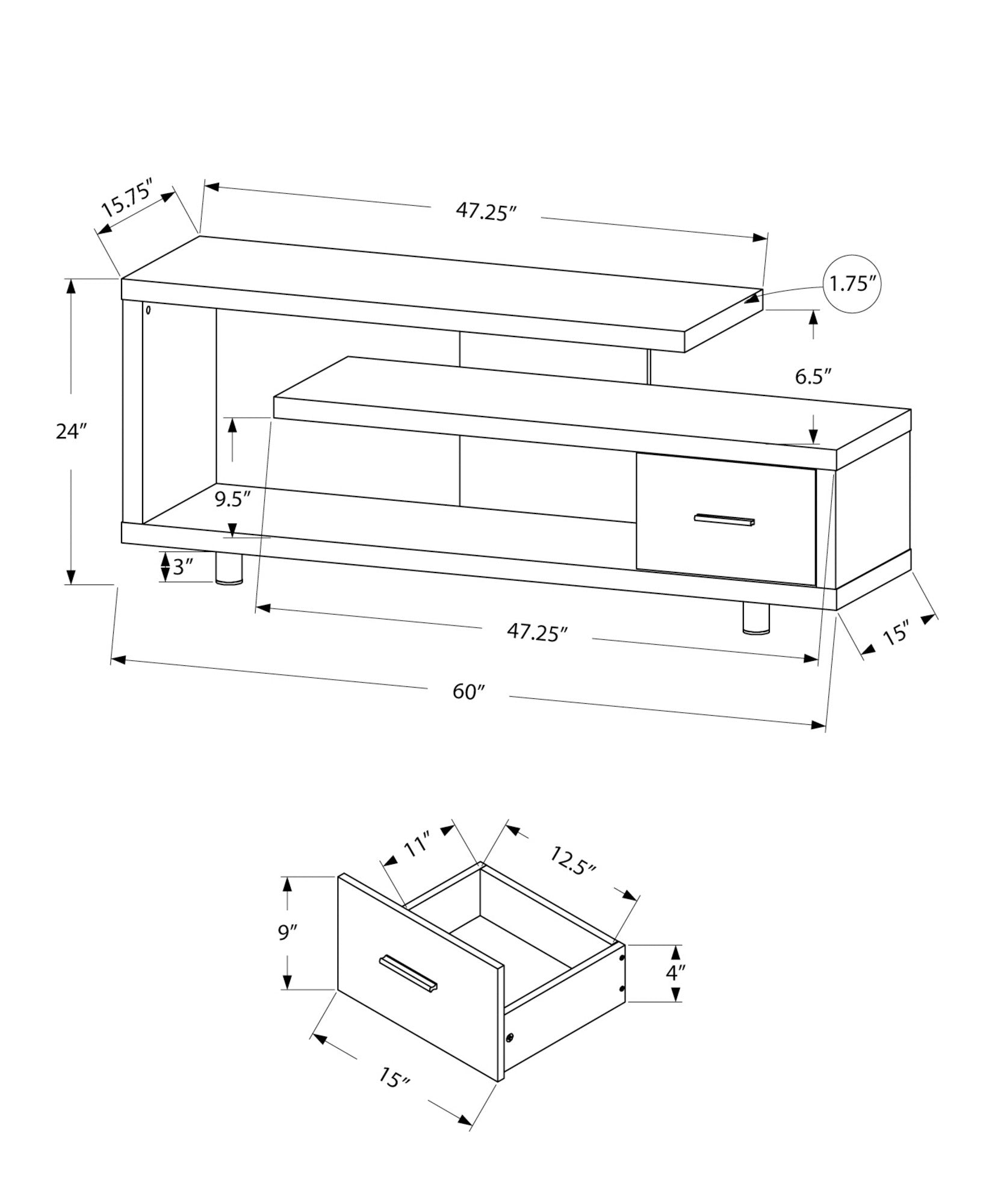 16" Black and Gray Open Shelving TV Stand-7