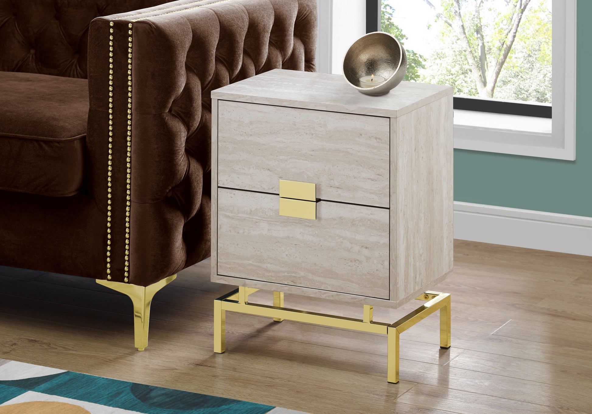 24" Gold And Beige End Table With Two Drawers-7