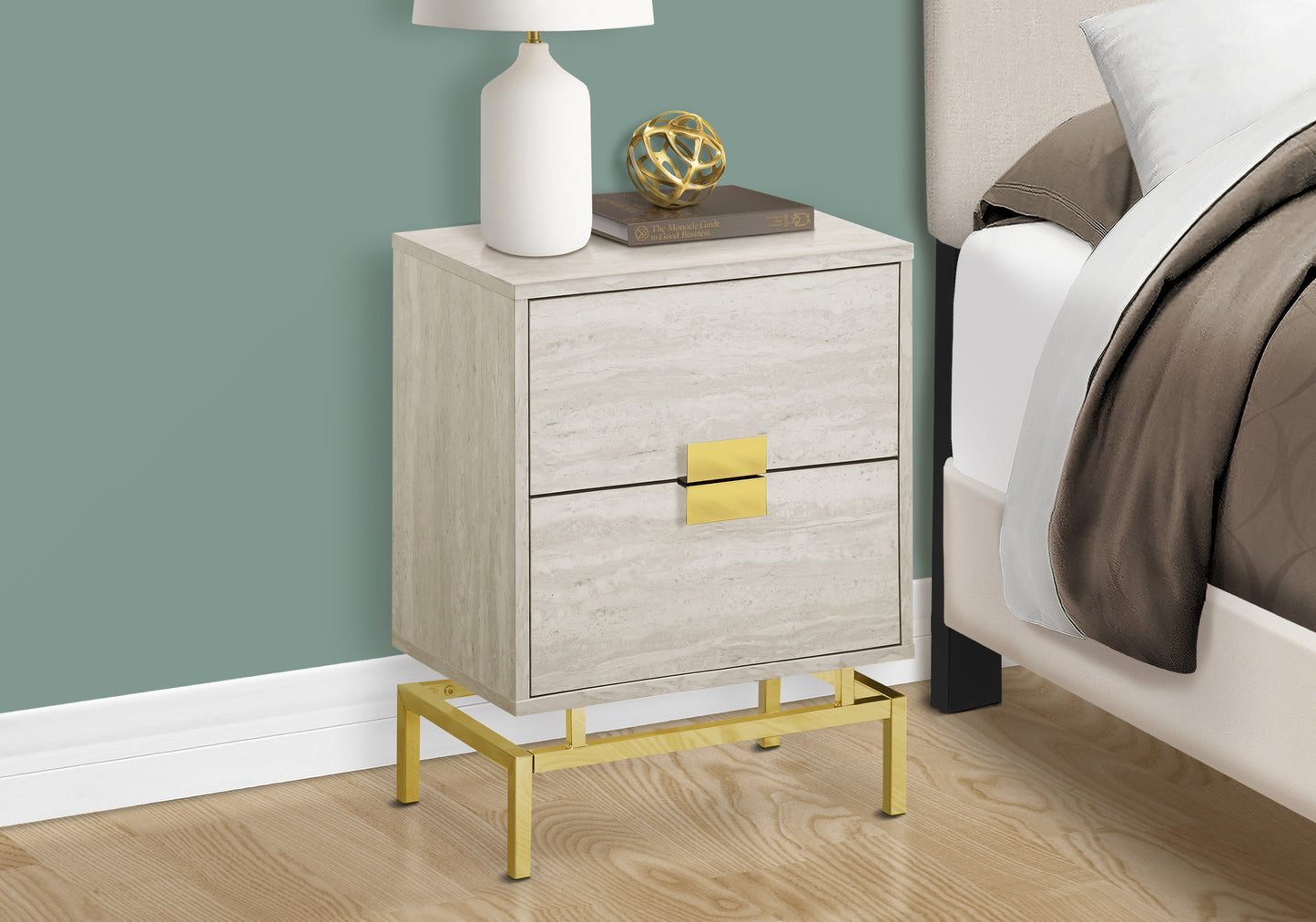 24" Gold And Beige End Table With Two Drawers-8