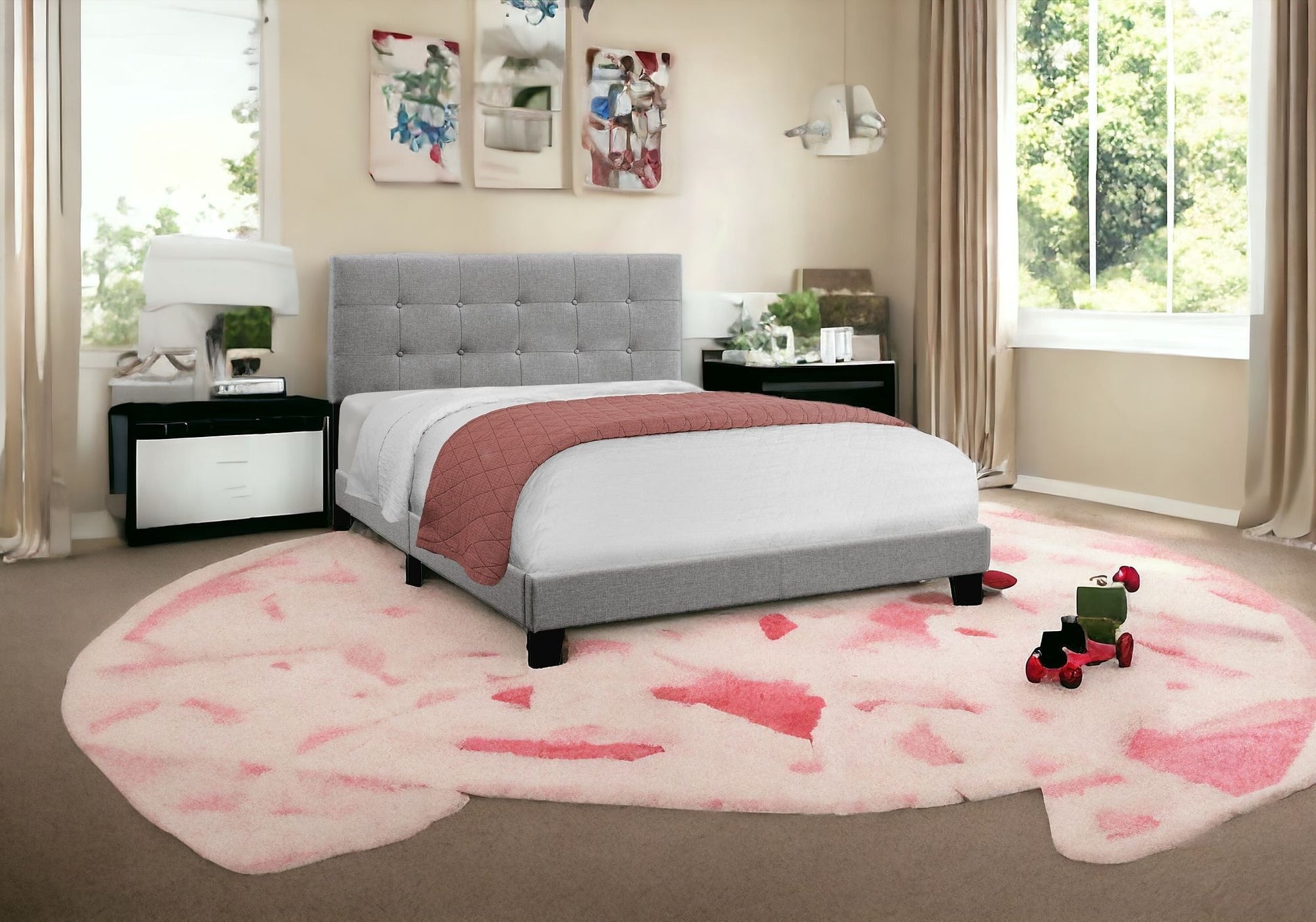 Gray Queen Tufted Upholstered Bed Frame-0