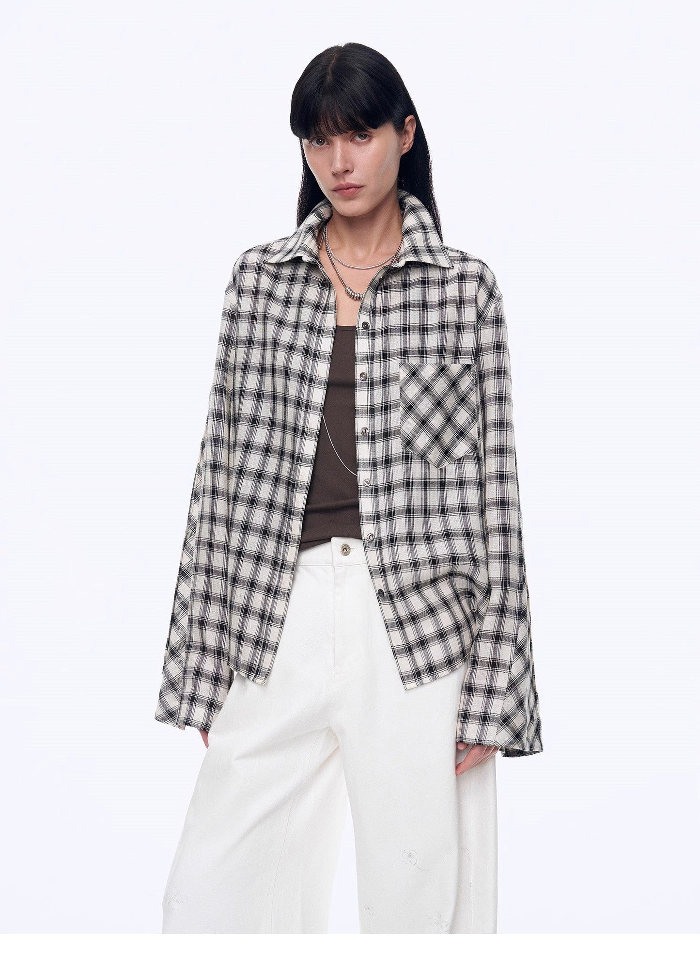 Tencel acetate jacquard check dropped shoulder shirt"Style Diary"-4