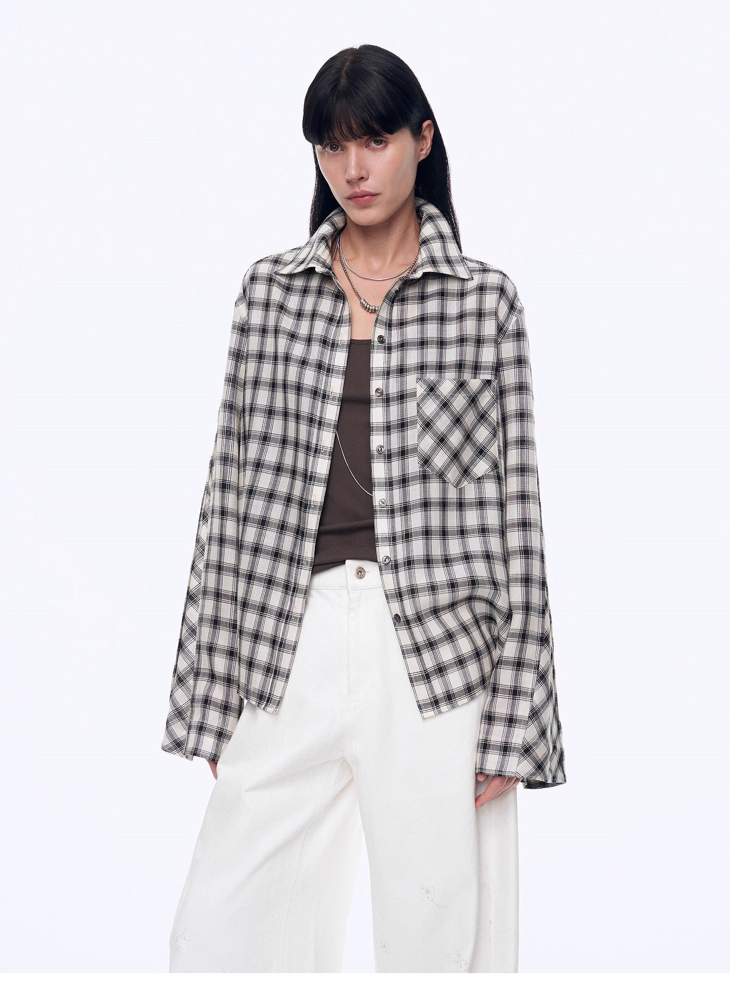 Tencel acetate jacquard check dropped shoulder shirt"Style Diary"-4