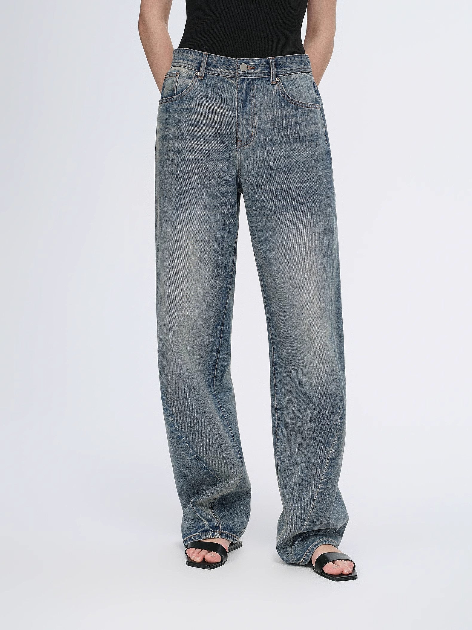 Vintage heavy cotton polyester blended washed comfortable slim front curved jeans-1