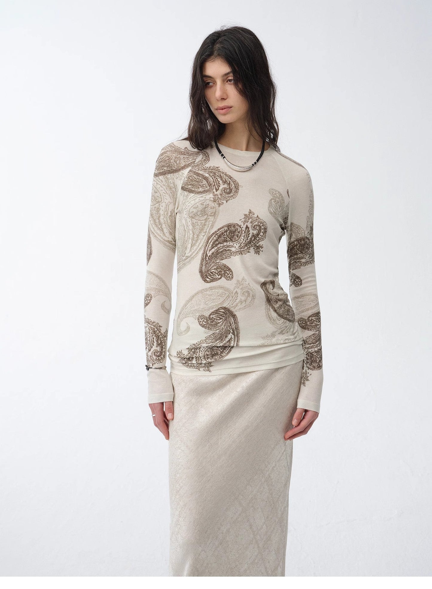 Tencel wool original cashew print round neck slim long sleeve and skirt"Vintage Gene"-5