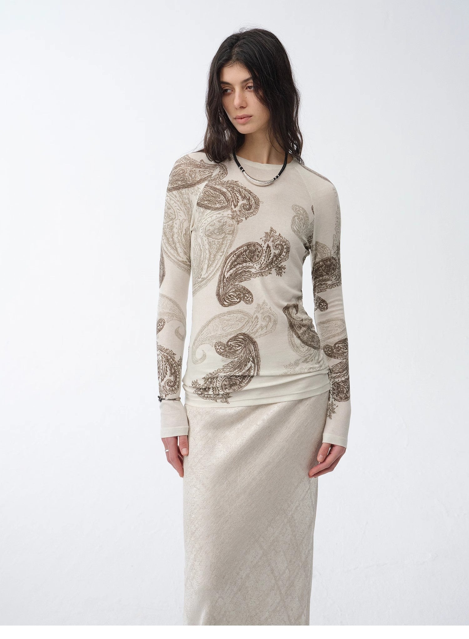 Tencel wool original cashew print round neck slim long sleeve and skirt"Vintage Gene"-5
