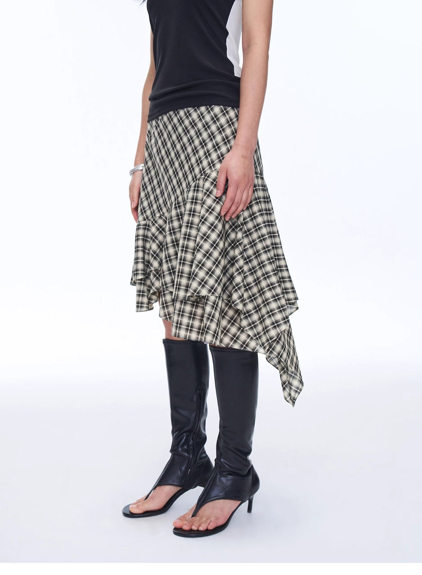Tencel acetate plaid irregular A-line skirt"Full-level ballet"-4