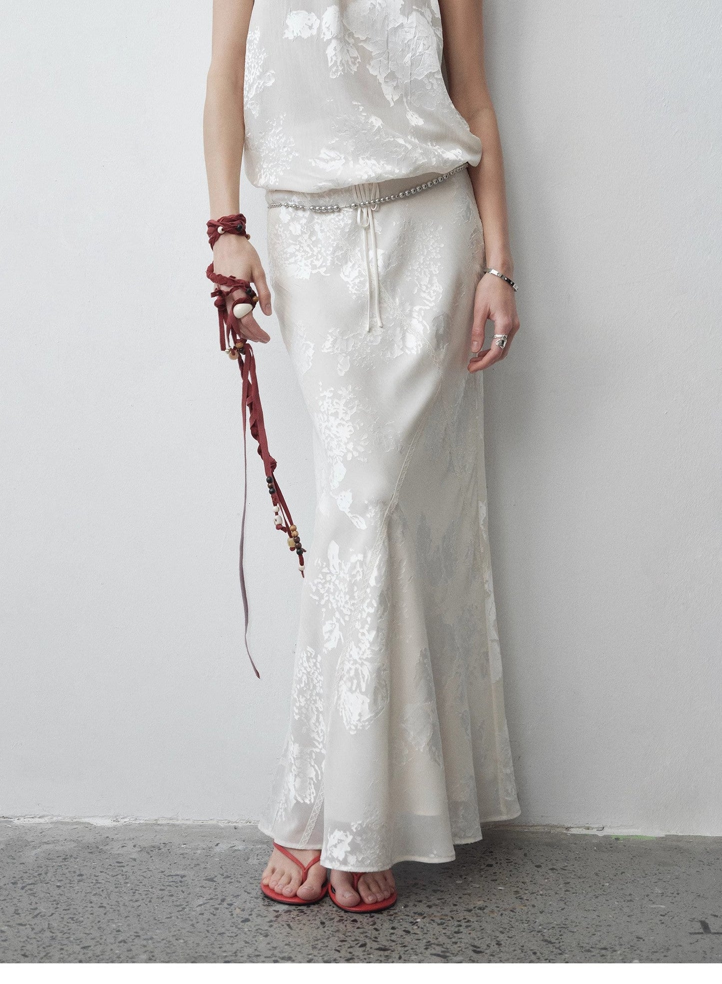 "Seville" bias-cut fishtail midi skirt in burnt pattern material-1