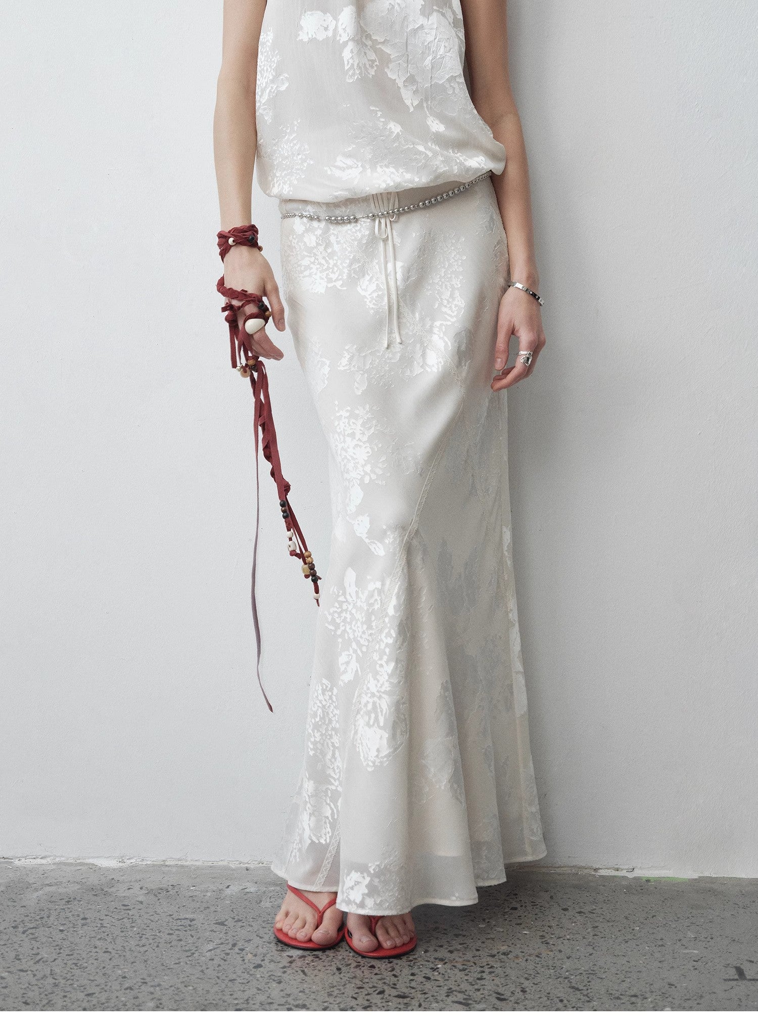 "Seville" bias-cut fishtail midi skirt in burnt pattern material-1