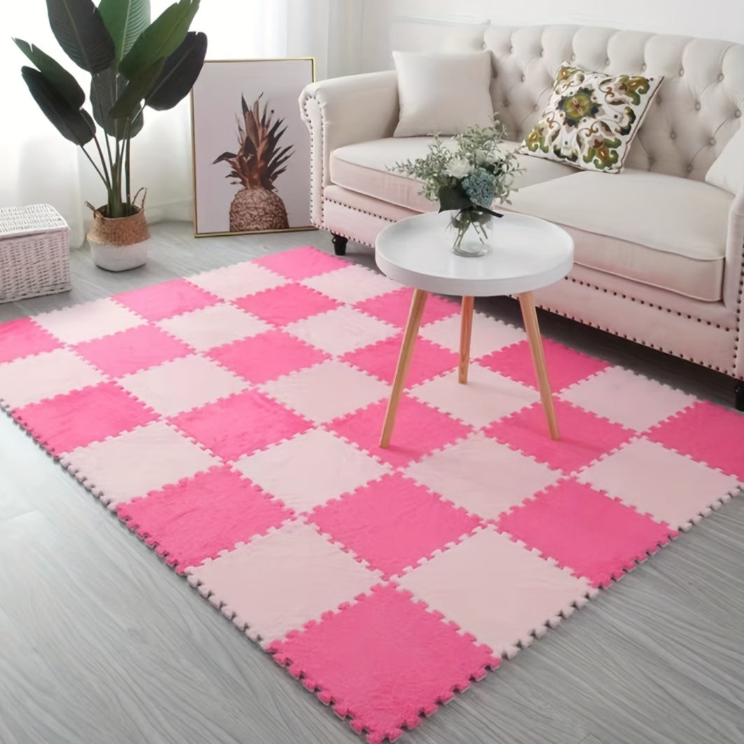 12pcs, Foam Puzzle Floor Mat Rug, Cute Pink Puzzle Floor Mat Interlocking Fluffy Flooring Tiles Soft Climbing Area Rugs Plush Interlocking Carpet Tiles For Home Playroom Bedroom Decor, Bedroom Accessories, Removable And Washa