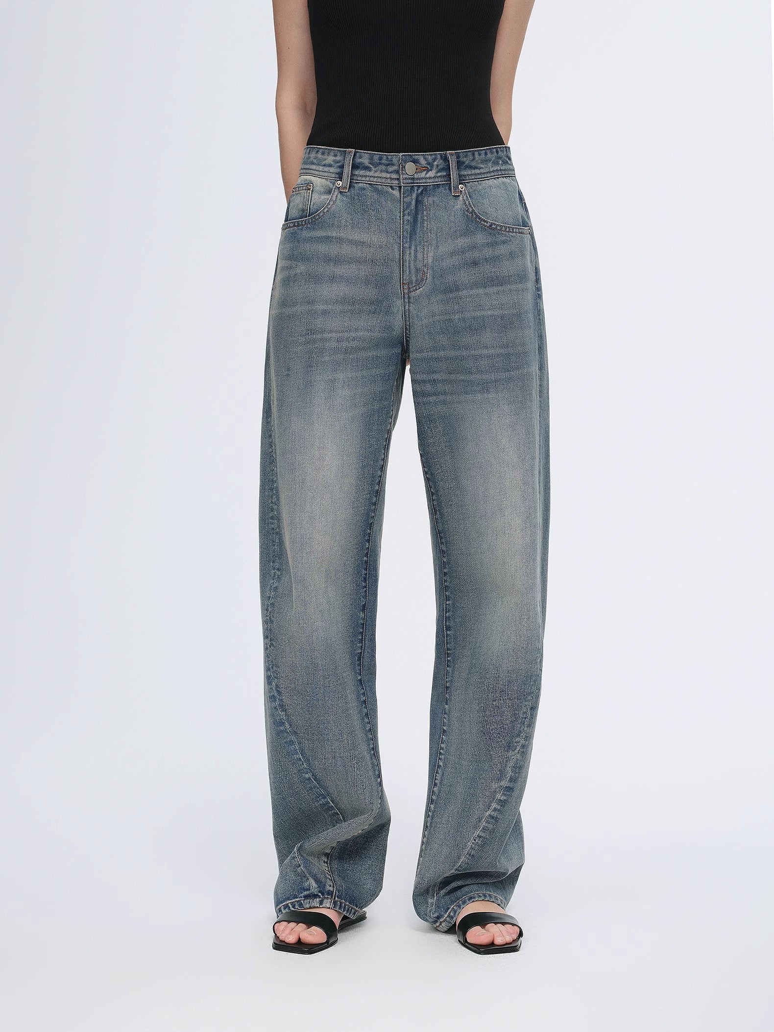 Vintage heavy cotton polyester blended washed comfortable slim front curved jeans-4