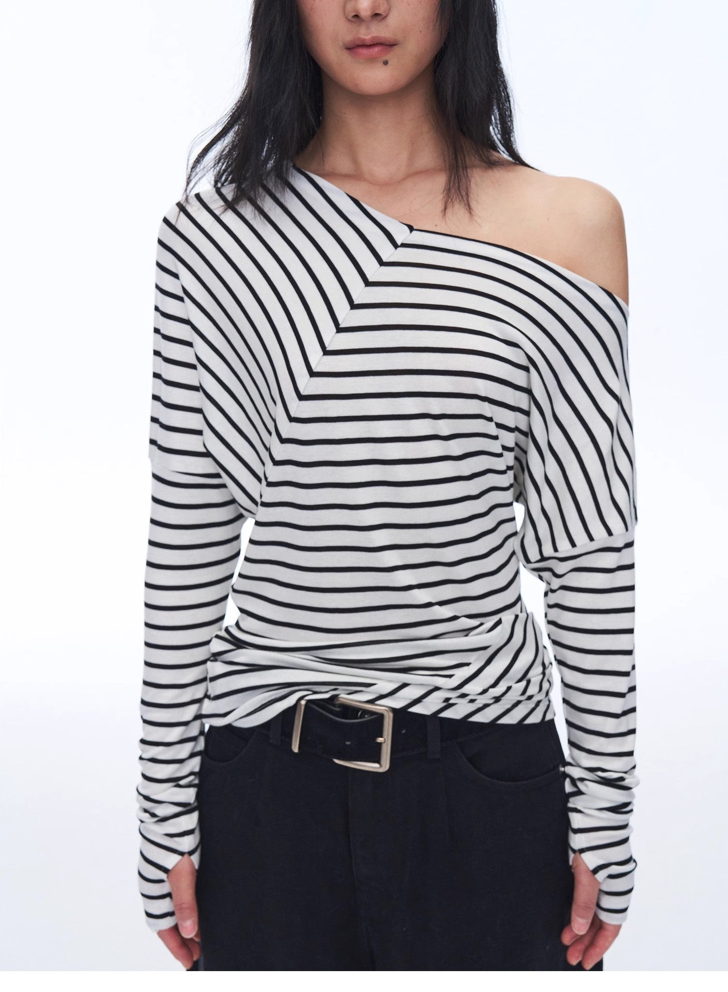Fashionable off-shoulder Lyocell Tencel wool blended draped patchwork striped T-shirt"Picasso Lines"-1