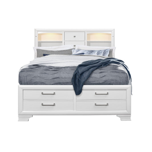 White Solid Wood Lighted Full Bed Frame With Drawers-0