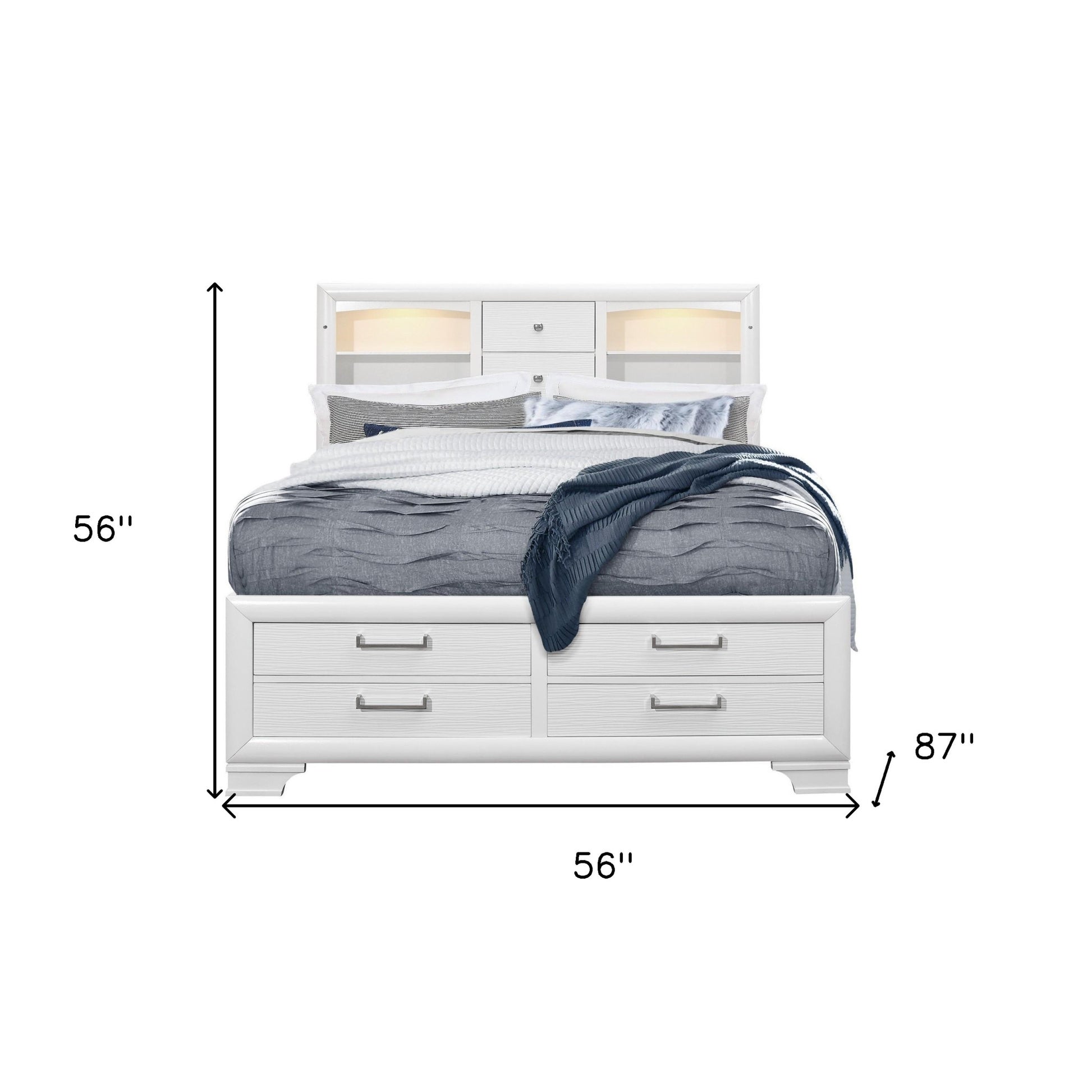 White Solid Wood Lighted Full Bed Frame With Drawers-7