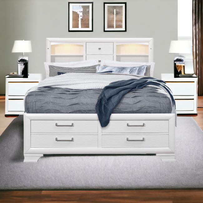 White Solid Wood Lighted Full Bed Frame With Drawers-6