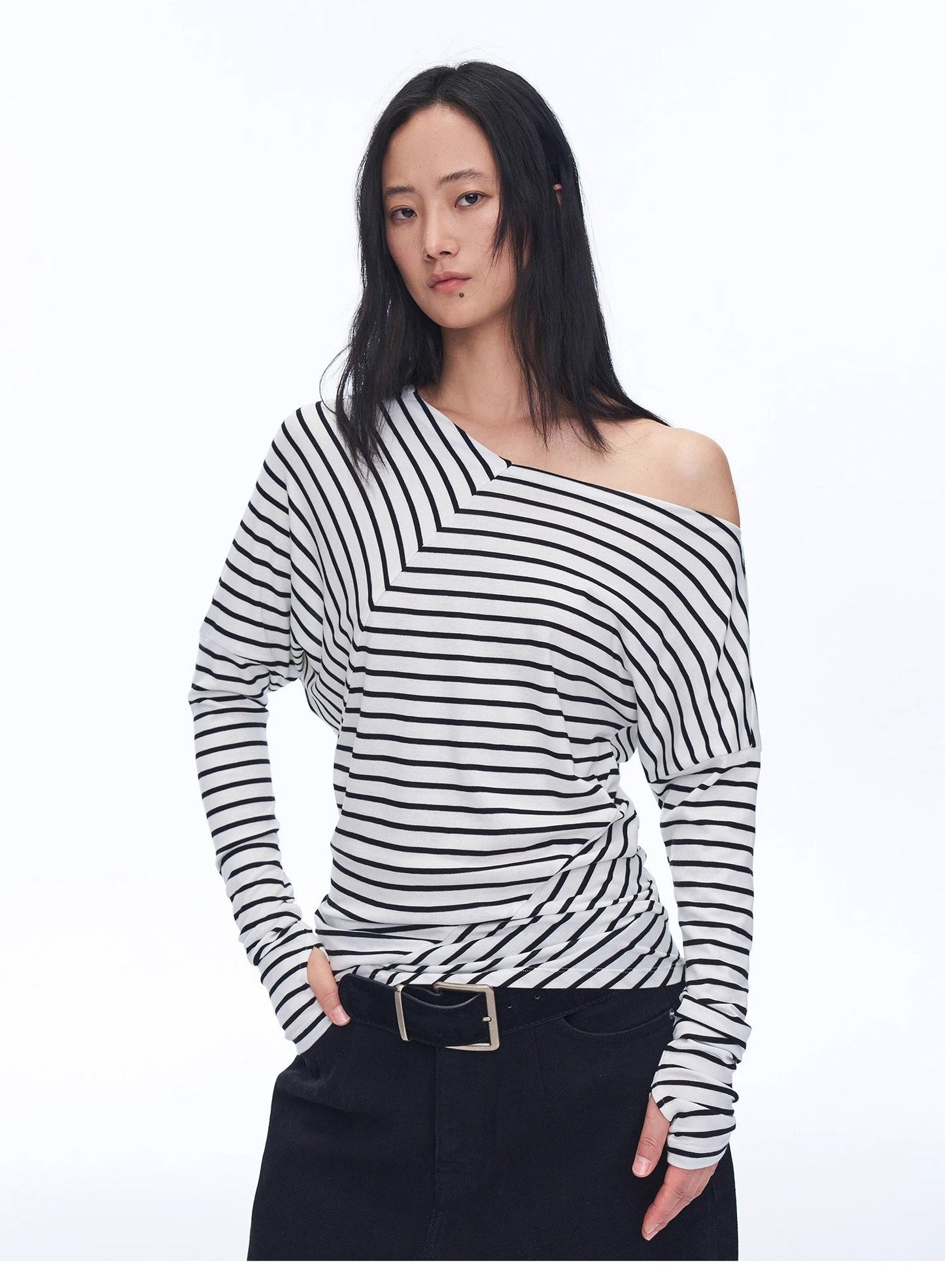 Fashionable off-shoulder Lyocell Tencel wool blended draped patchwork striped T-shirt"Picasso Lines"-5