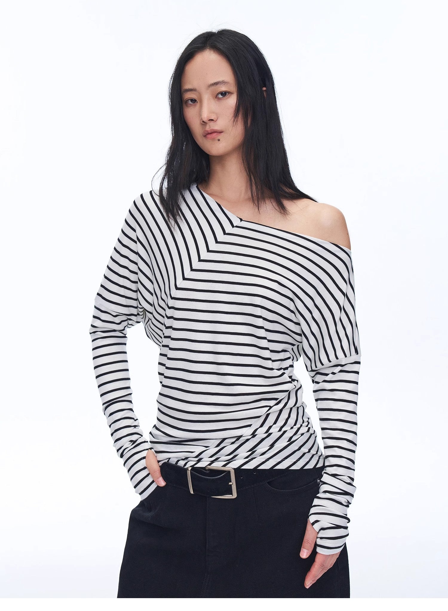 Fashionable off-shoulder Lyocell Tencel wool blended draped patchwork striped T-shirt"Picasso Lines"-5