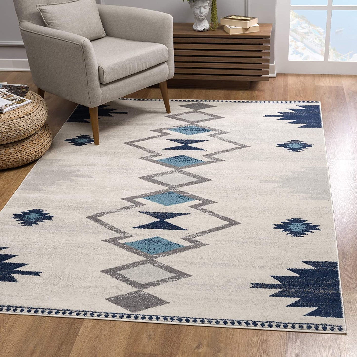 3' X 5' Blue and Ivory Southwestern Area Rug-6