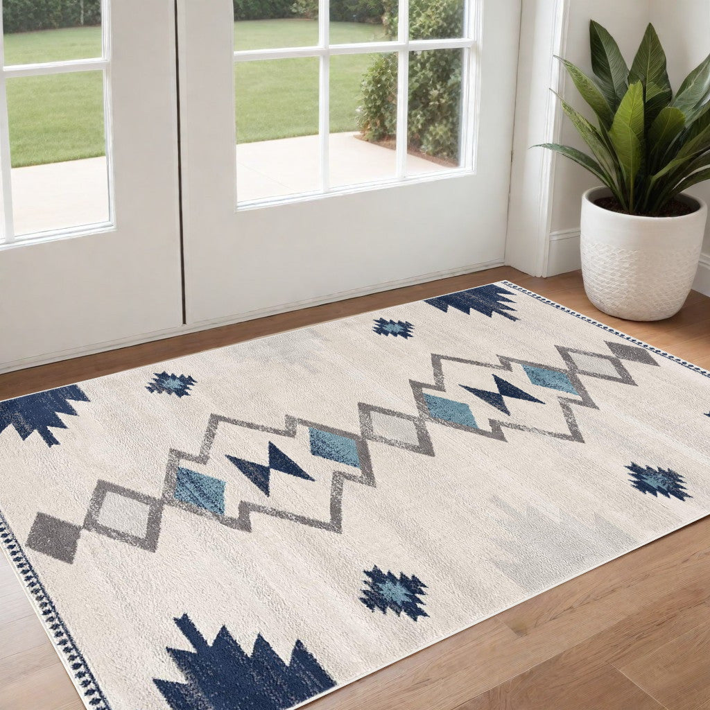 3' X 5' Blue and Ivory Southwestern Area Rug-0
