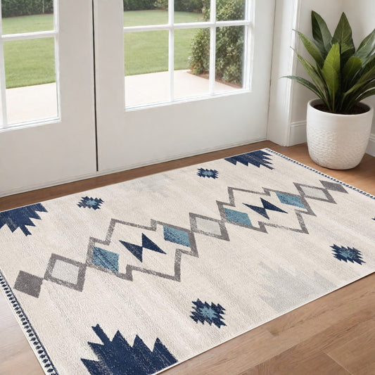3' X 5' Blue and Ivory Southwestern Area Rug-0