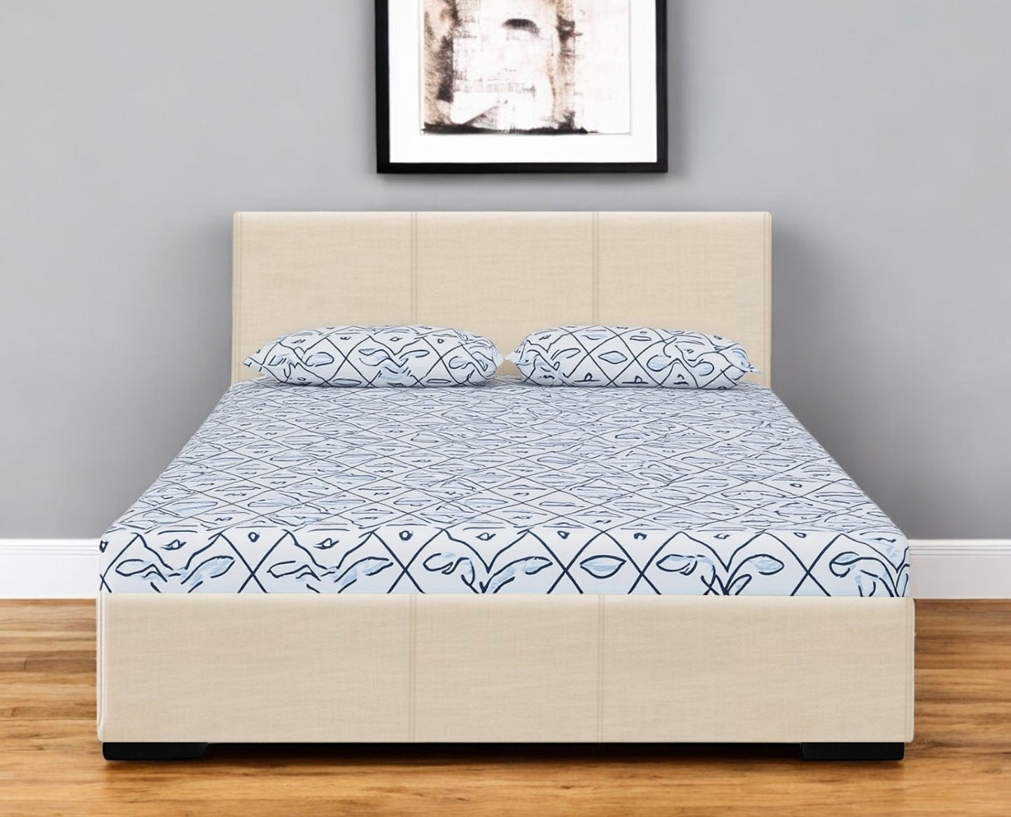 Beige Faux Leather Queen Bed Frame-1