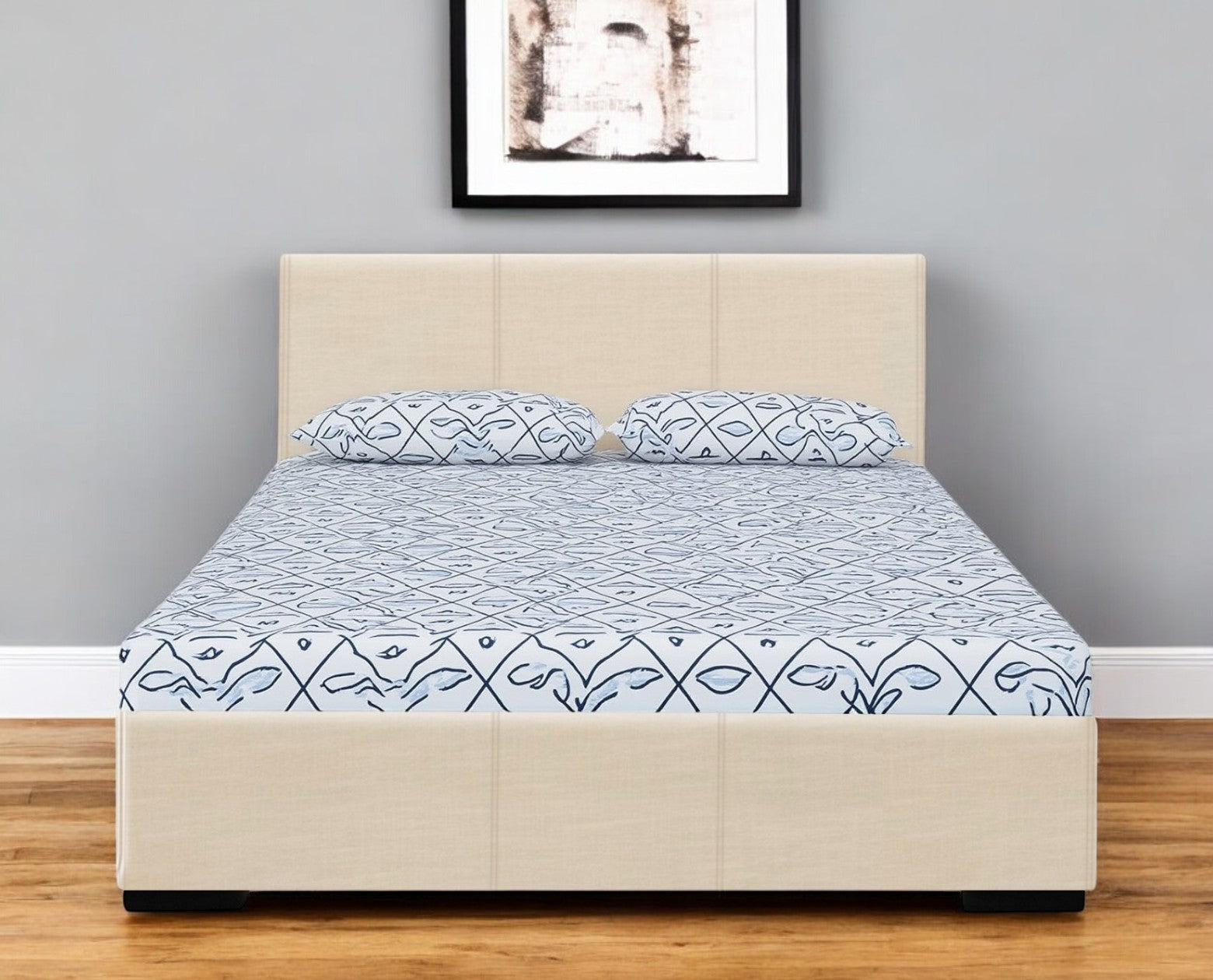 Beige Faux Leather Queen Bed Frame-1