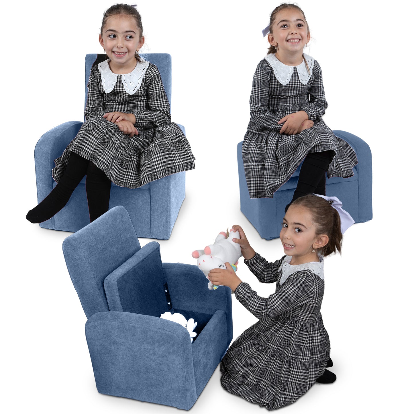Kids Blue Comfy Upholstered Recliner Chair with Storage-1