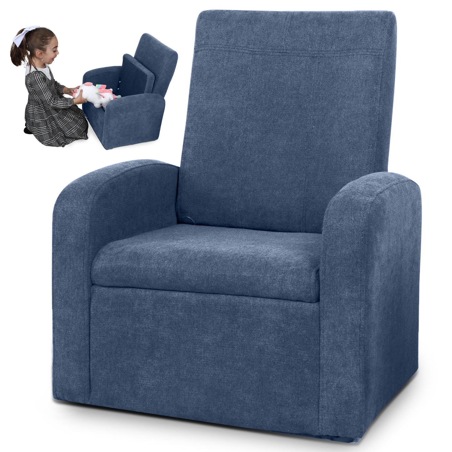 Kids Blue Comfy Upholstered Recliner Chair with Storage-2