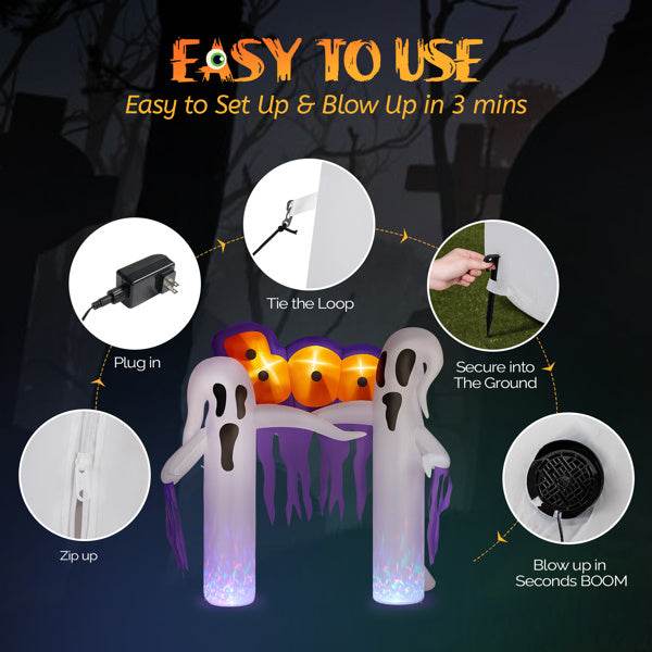 9.8ft White Ghost Arch 3 LED Lights And 2 Colorful Light Plates Halloween Inflatable Decoration