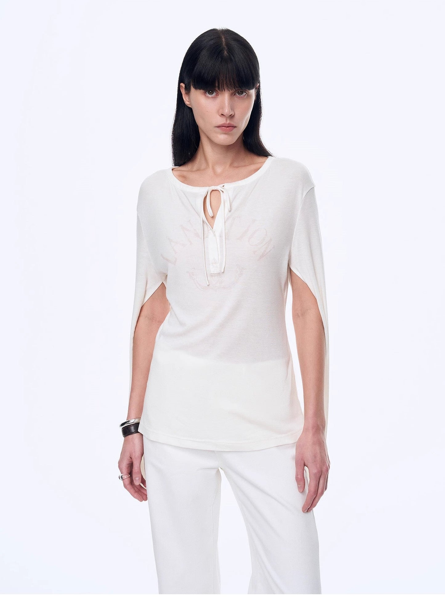 "Minimal Message" ethnic print modal knit henley collar tie long sleeve T-shirt top-4
