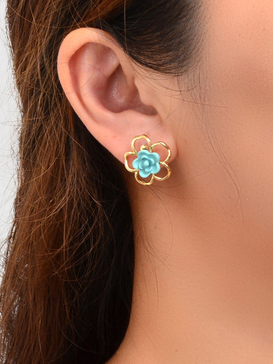 Delicate Blue Resin Flower Gold Hollow Hypoallergenic Stud Dainty Earrings Gift-1