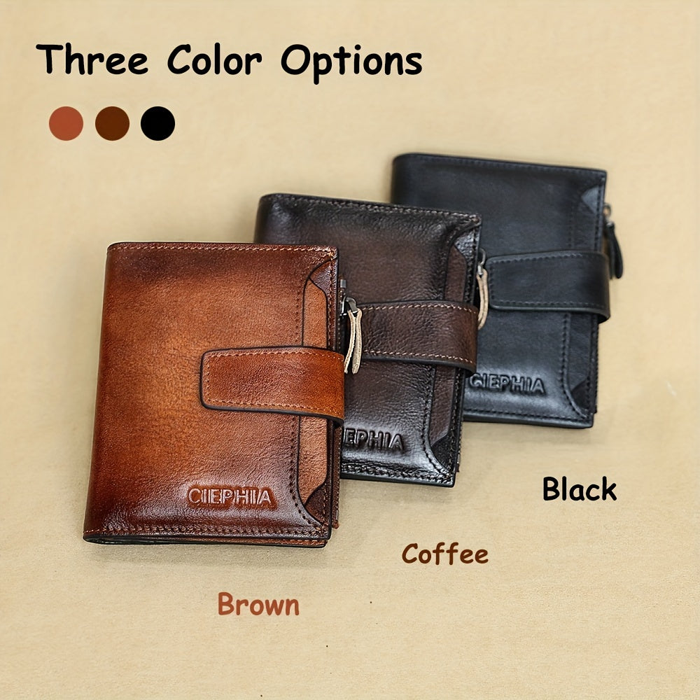 1pc CIEPHIA Men's Genuine Leather Wallet Vintage RFID Blocking Anti-Theft Billfold with Adjustable Strap, 17 Card Slots, ID Window, Coin Pocket & Zipper Closure - Deep Brown, Valentine's Day Gift for Men, Perfect for Thanksgi