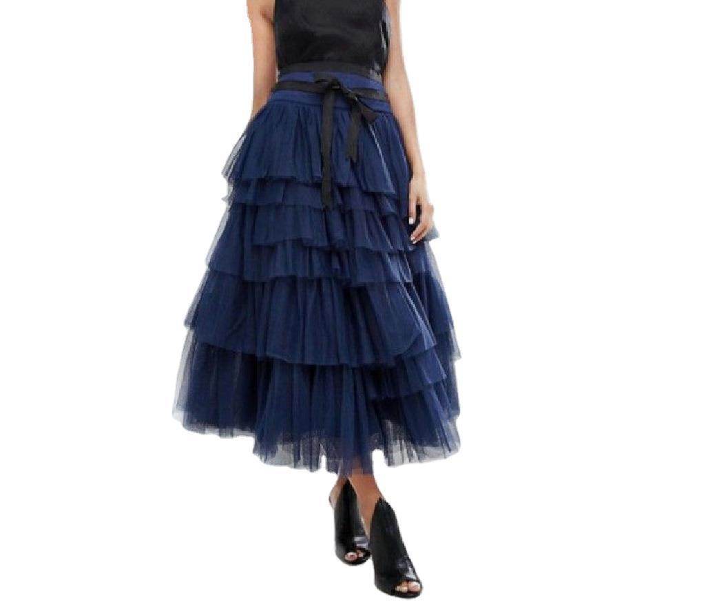 Summer Long Wave Ruffle Layered Ruched High Waist Midi tulle Skirt