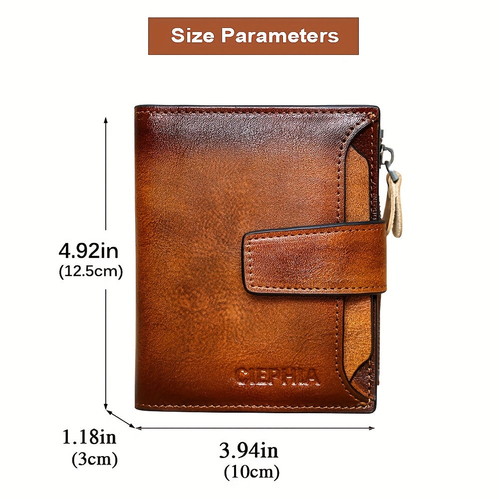 1pc CIEPHIA Men's Genuine Leather Wallet Vintage RFID Blocking Anti-Theft Billfold with Adjustable Strap, 17 Card Slots, ID Window, Coin Pocket & Zipper Closure - Deep Brown, Valentine's Day Gift for Men, Perfect for Thanksgi