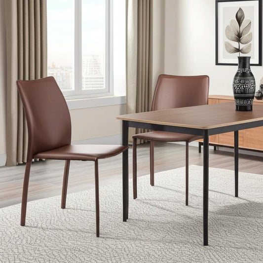 Set of Two Brown Upholstered Leather Dining Side Chairs-0