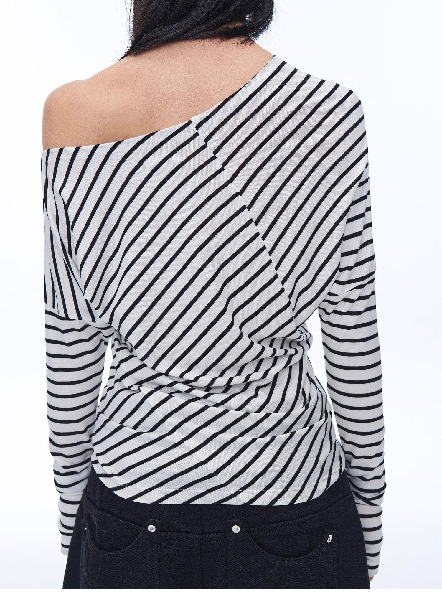 Fashionable off-shoulder Lyocell Tencel wool blended draped patchwork striped T-shirt"Picasso Lines"-4