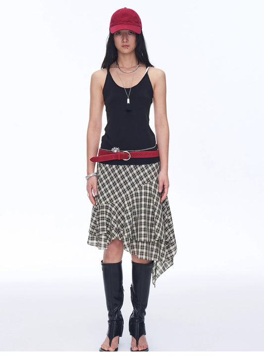Tencel acetate plaid irregular A-line skirt"Full-level ballet"-0