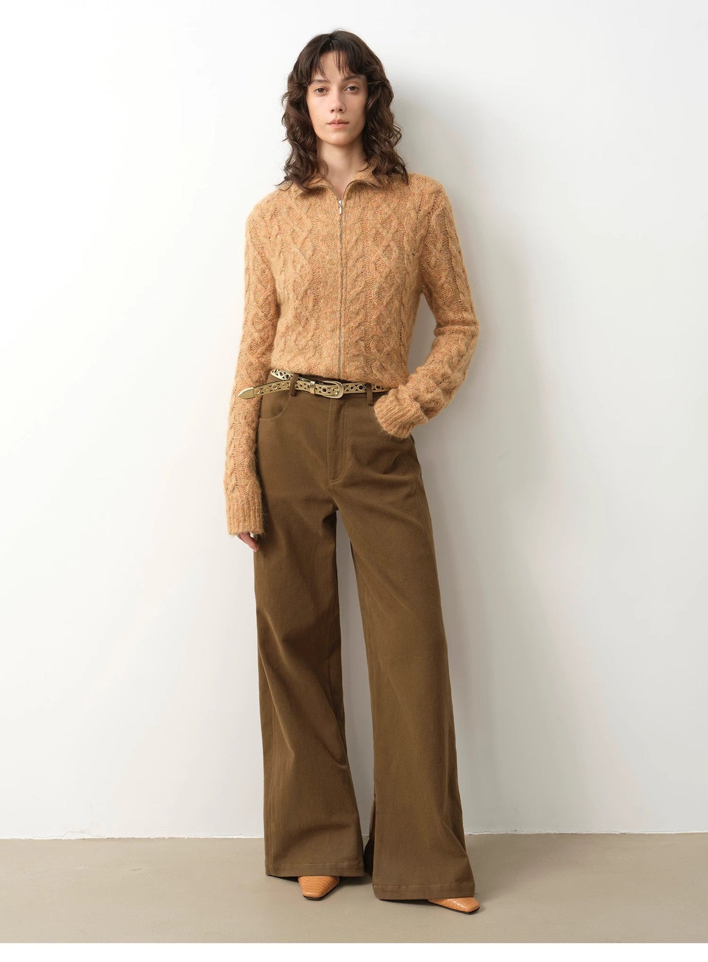 "Romantic Cable" vintage warm flower basic mohair wool cable blend zipper knitted cardigan-4