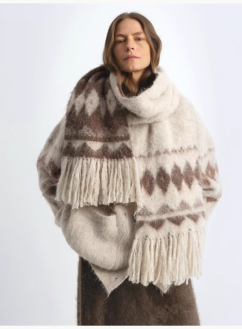 Nepal alpaca wool color clashing jacquard tassel scarf women winter warm shawl 190*27-4