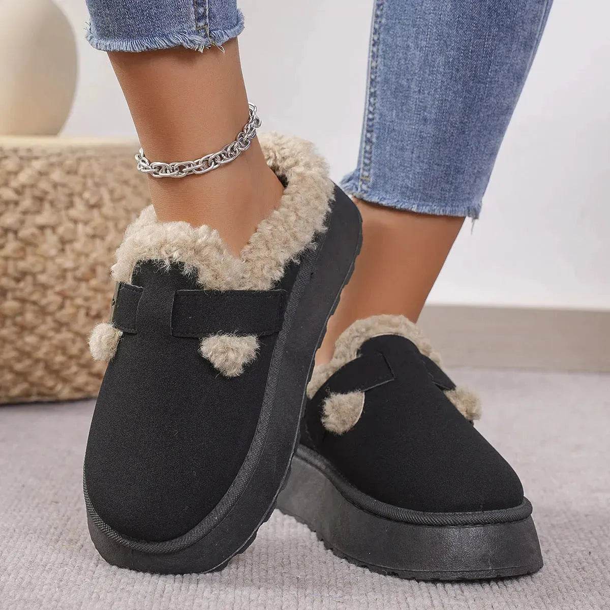 Fashion Thick-soled Plush Buckle Cotton Home platform Winter Slippers Indoor And Outdoor Casual Warm Women Garden Slipper