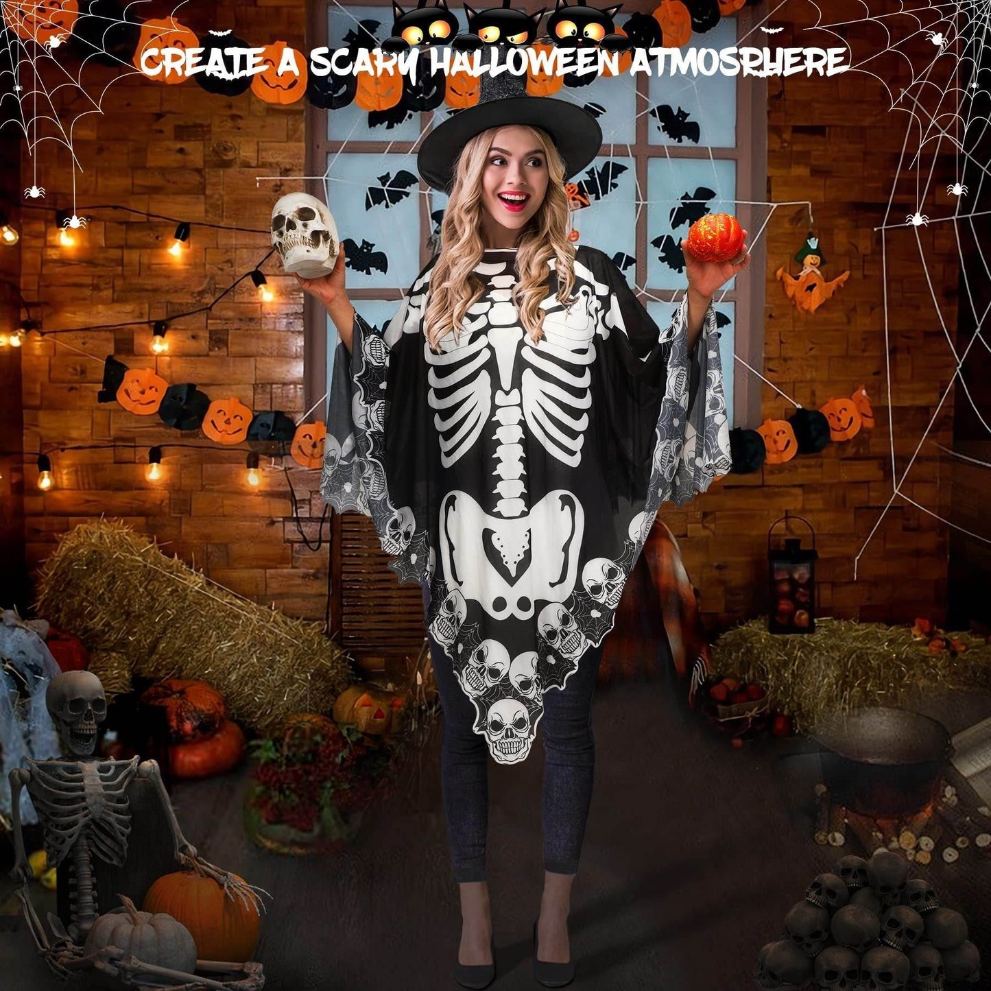 Halloween Lace Poncho Plus Size Halloween Skeleton Cape Day Of The Dead Costumes For Women 59 Inches X 59 Inches -Selling On Amazon Is Prohibited