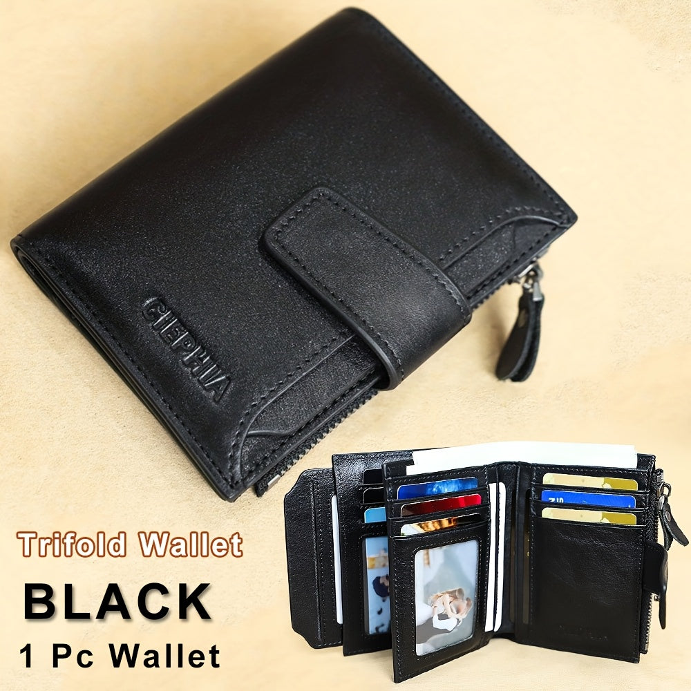 1pc CIEPHIA Men's Genuine Leather Wallet Vintage RFID Blocking Anti-Theft Billfold with Adjustable Strap, 17 Card Slots, ID Window, Coin Pocket & Zipper Closure - Deep Brown, Valentine's Day Gift for Men, Perfect for Thanksgi