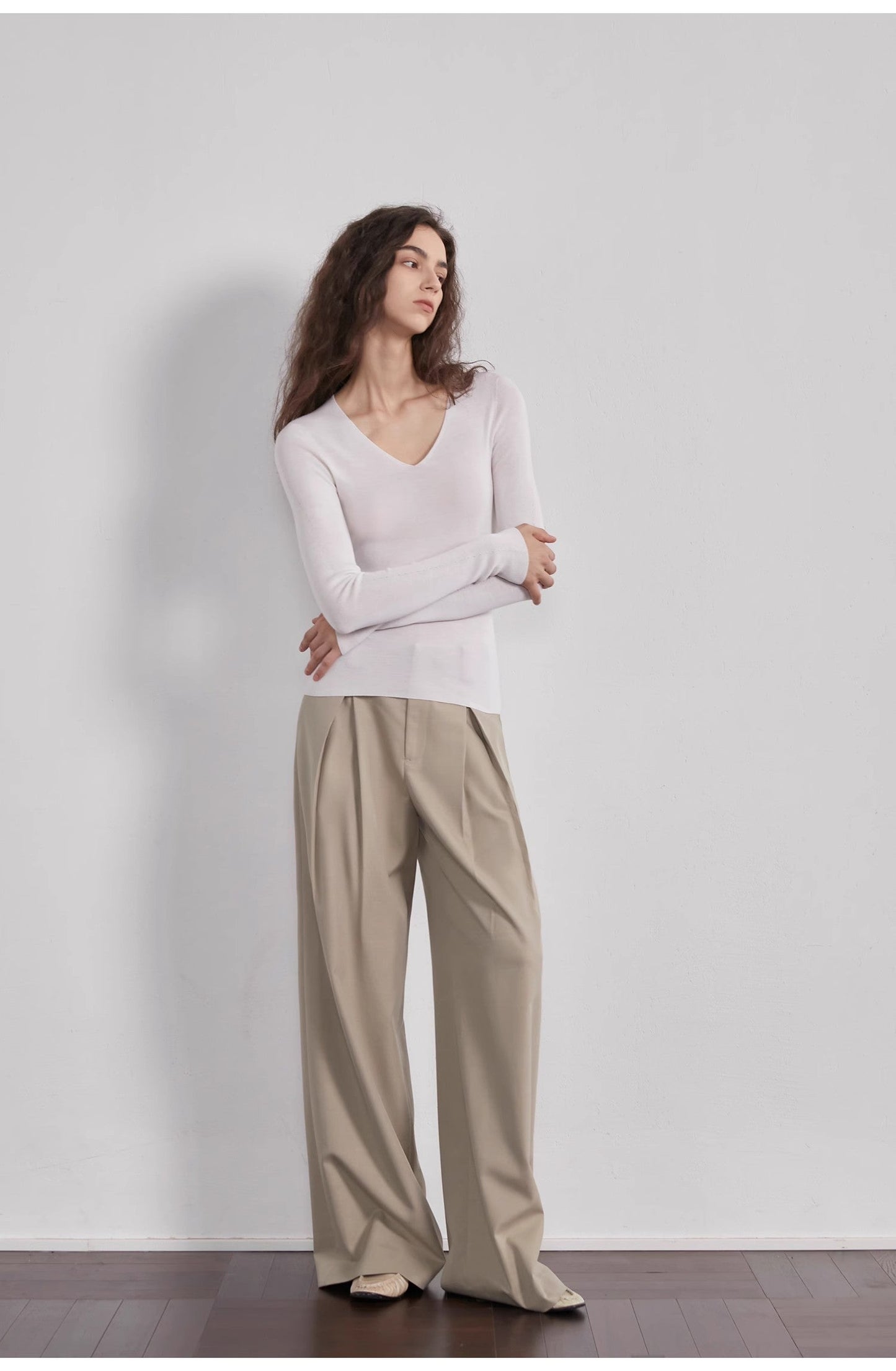 “Street Sketch”Fine-Spun Wool Fashion, Waistless Pleated Loose-Fitting Straight-Leg and Wide-Leg Casual Trousers for Women-1