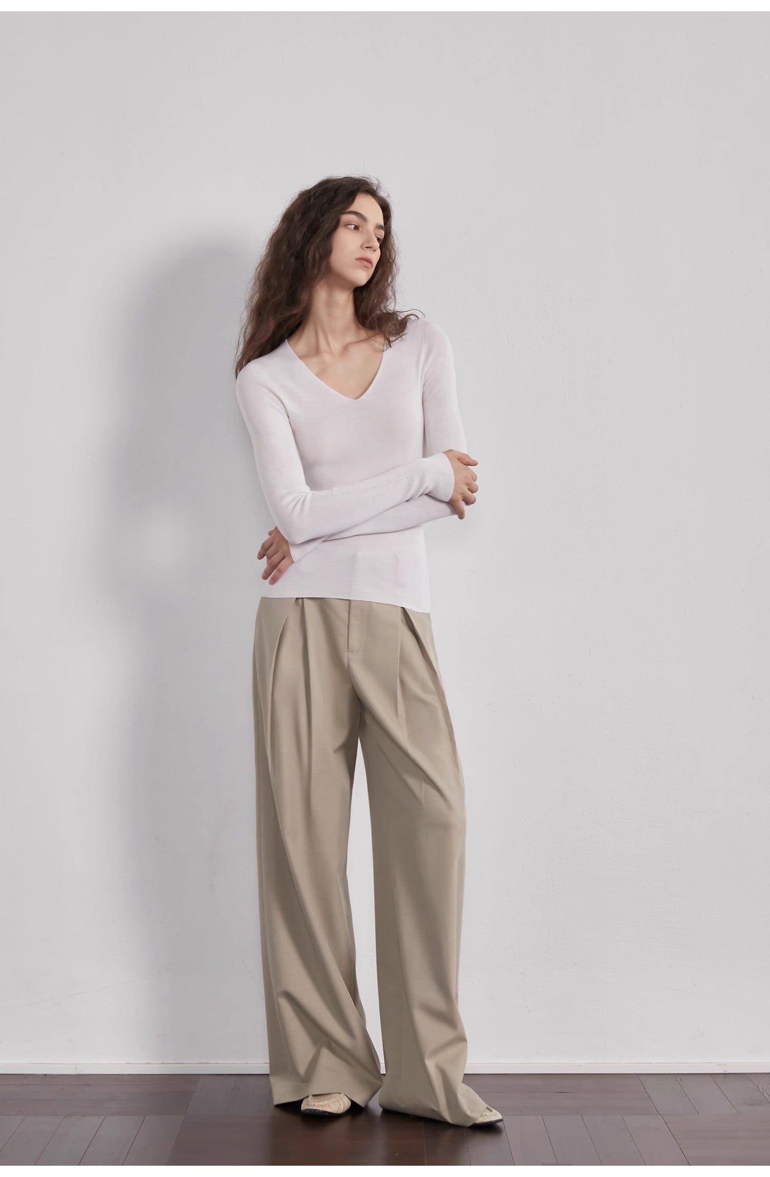 “Street Sketch”Fine-Spun Wool Fashion, Waistless Pleated Loose-Fitting Straight-Leg and Wide-Leg Casual Trousers for Women-1