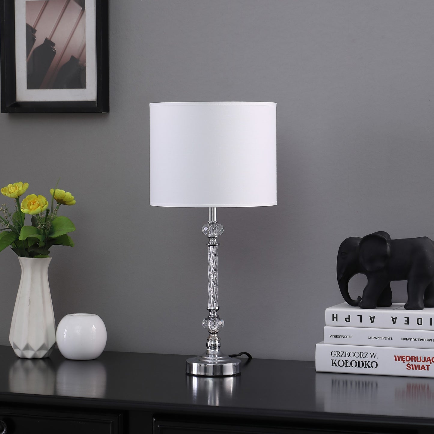 19" Silver Metal and Faux Crystal Table Lamp With White Drum Shade-3