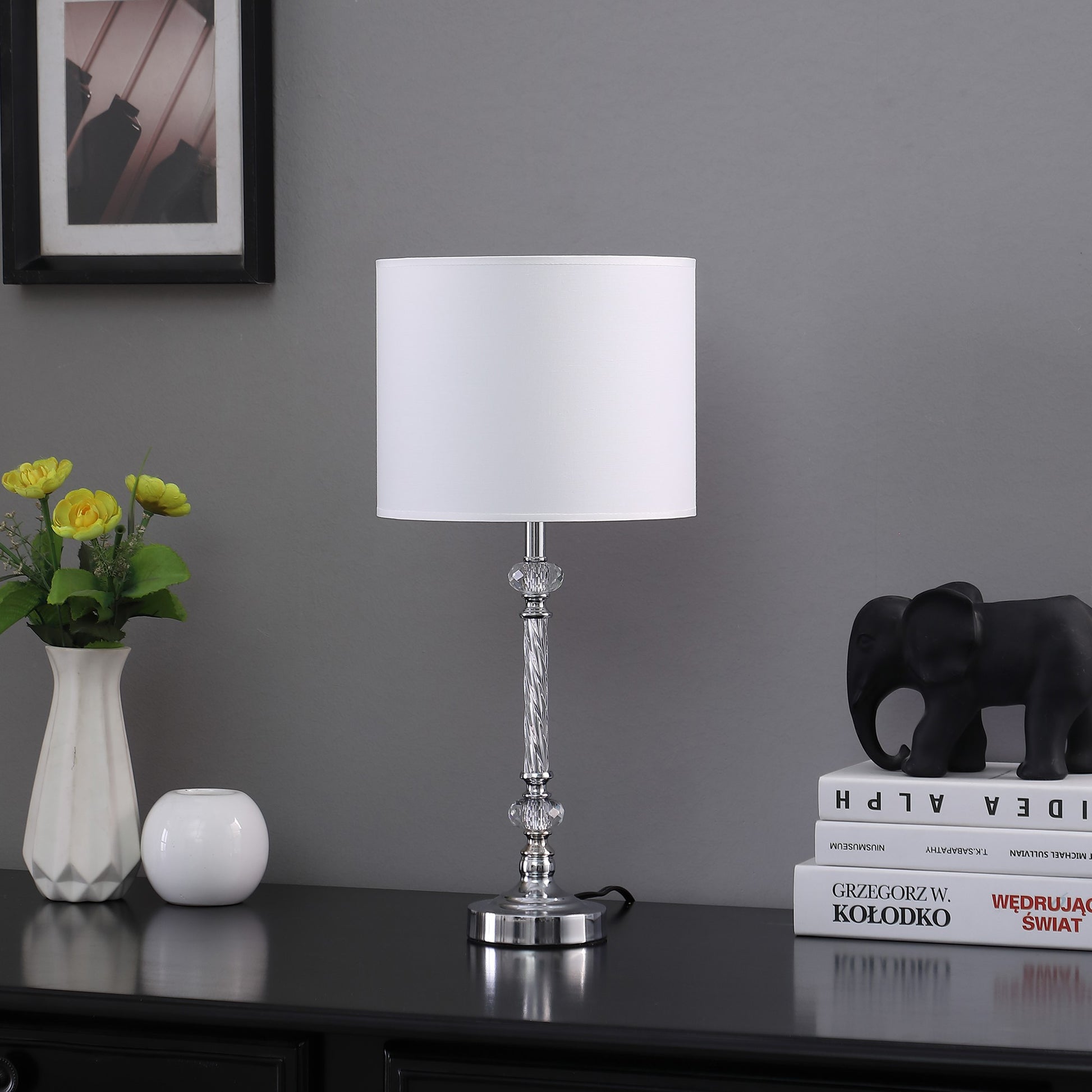 19" Silver Metal and Faux Crystal Table Lamp With White Drum Shade-3