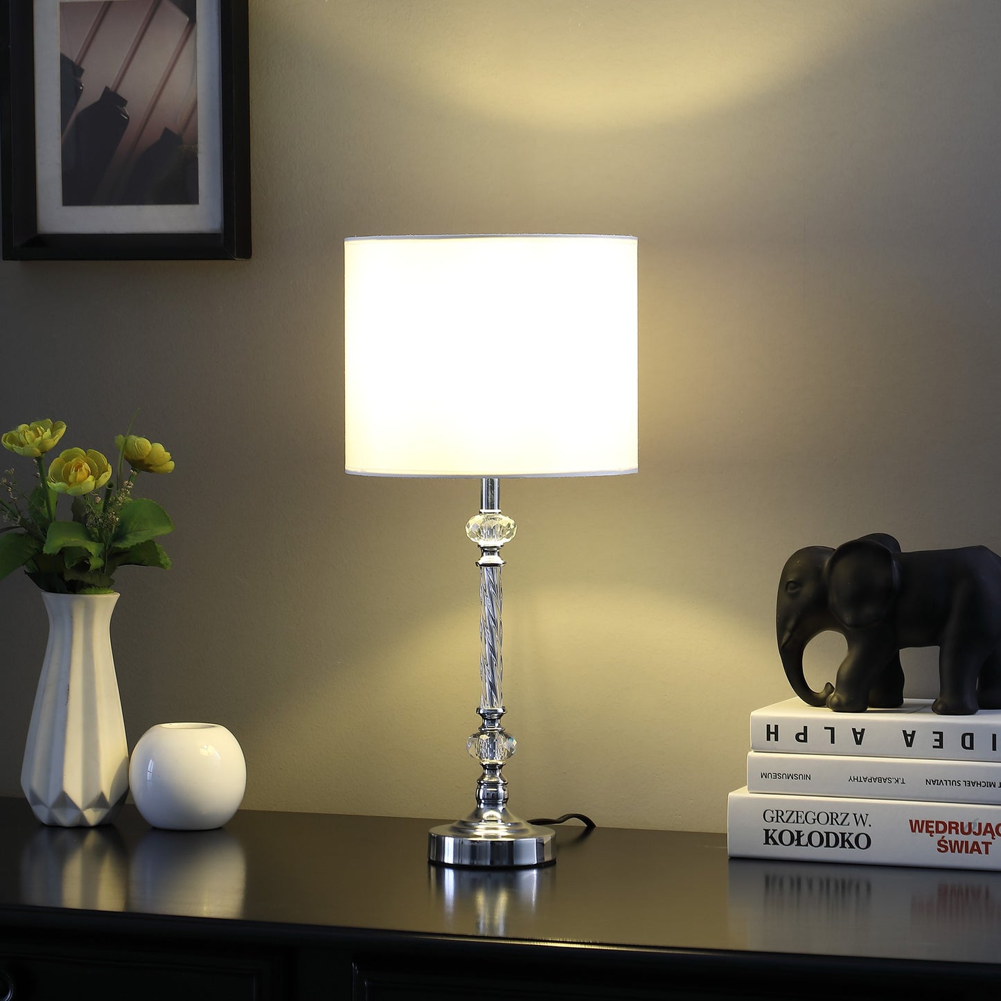 19" Silver Metal and Faux Crystal Table Lamp With White Drum Shade-4