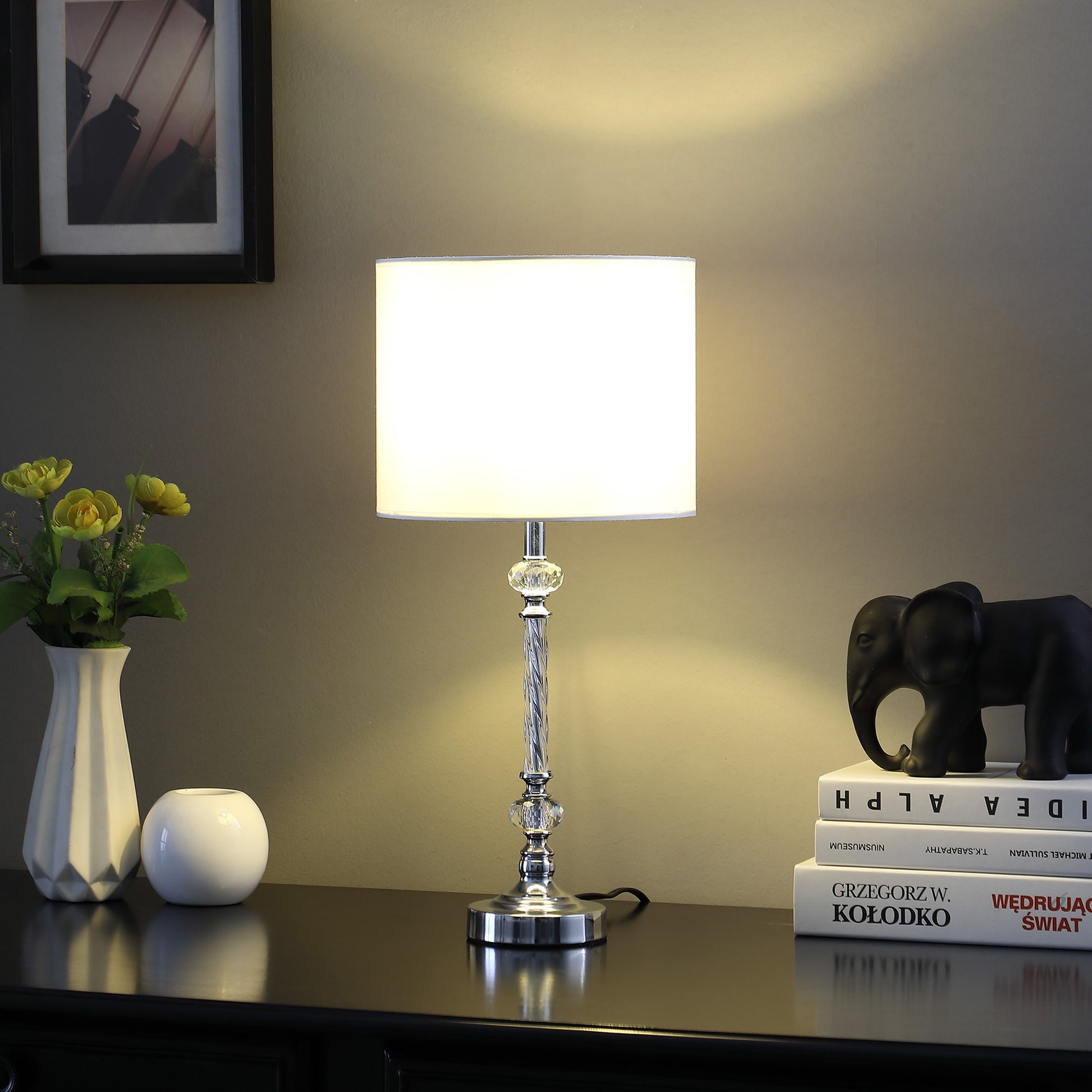 19" Silver Metal and Faux Crystal Table Lamp With White Drum Shade-4